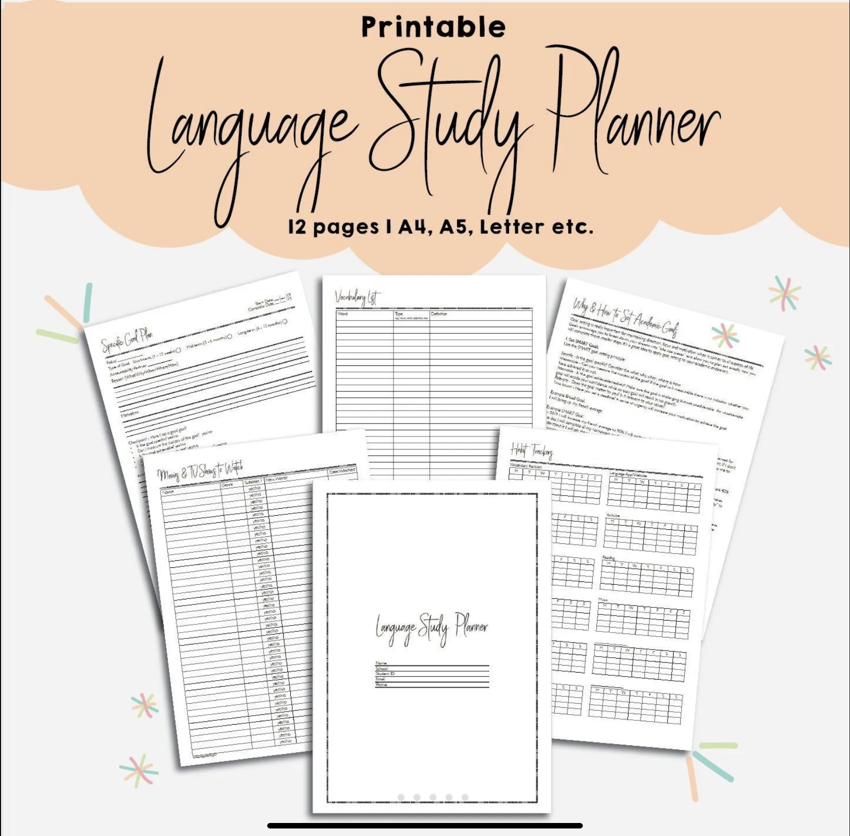 printable language learning planner