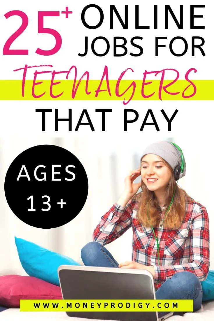 teenager working at online job, text overlay "25+ online jobs for teenagers that pay, starting at age 13"